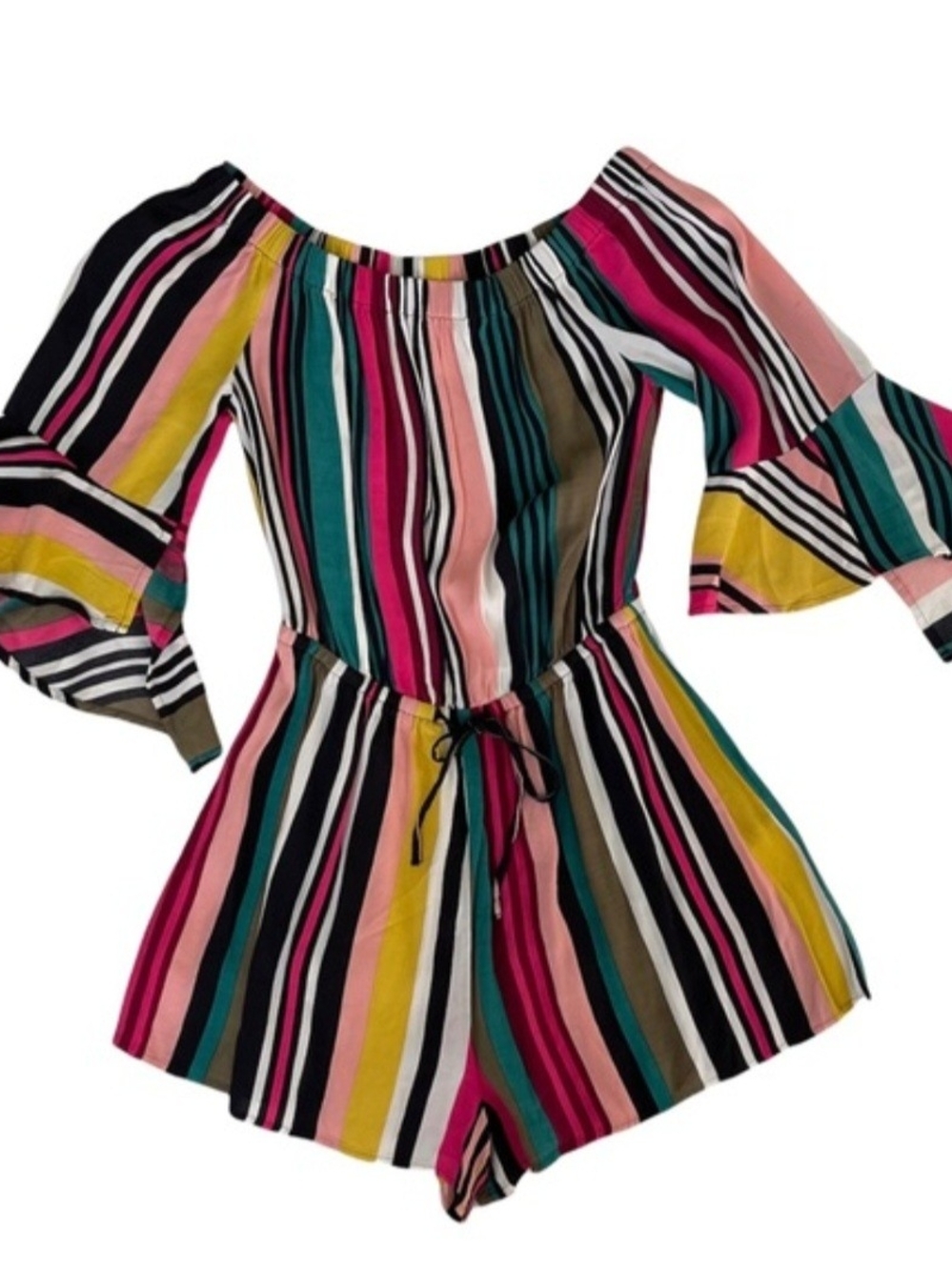 Express Womens Bright Colored Striped Off The Shoulder Ruffle One-Piece Romper S